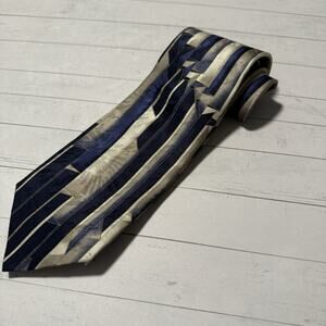 Pierre Balmain Couture Silk Tie Navy Beige Modern Abstract Stripe 3.5”x59”